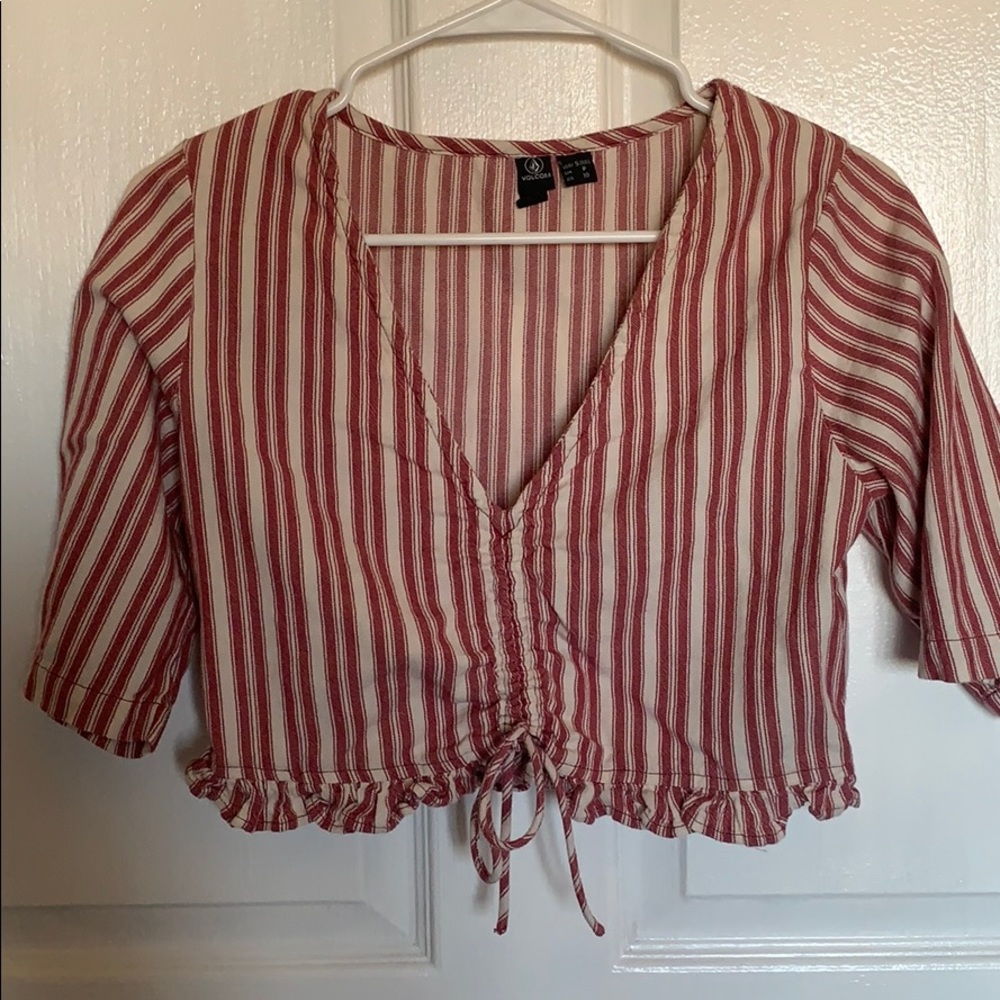 Cropped red and white top with ruffles